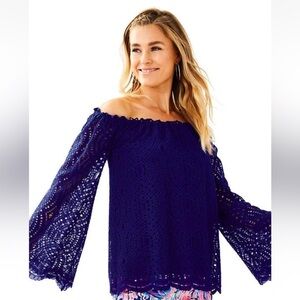 Lilly Pulitzer LS Marble Top, Knotty Lace  Royal Blue Off-Shoulder Tunic, NWT, L